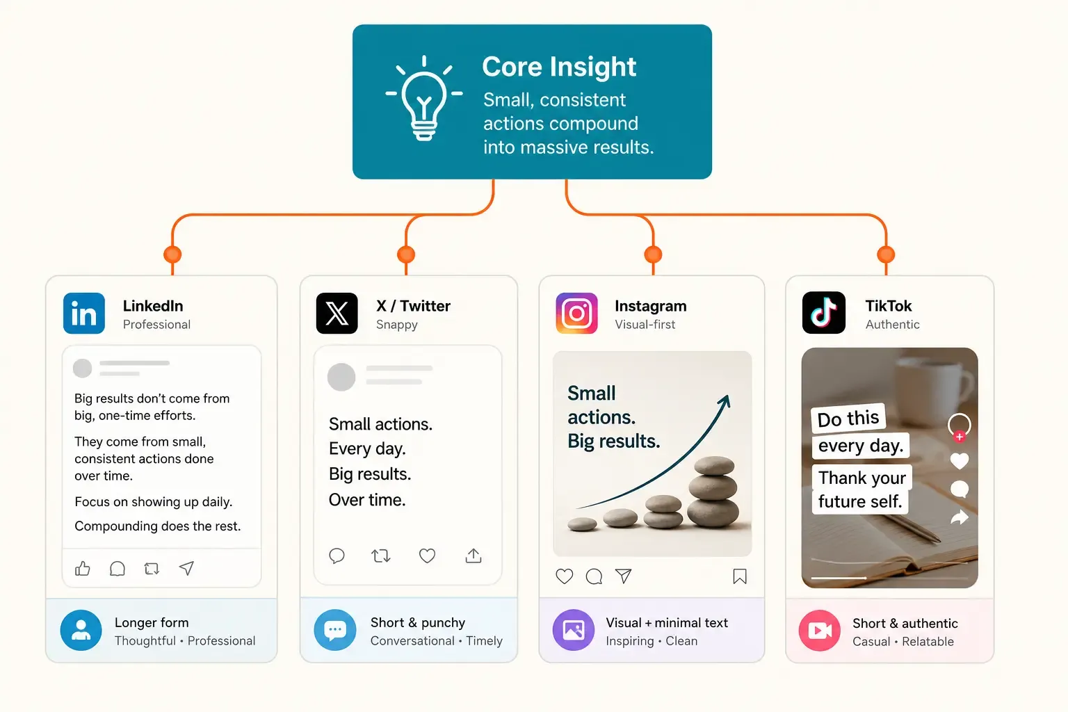 How one core message branches into four different adapted posts-LinkedIn version longer and professional, X version snappy and conversational, Instagram version visual-first with minimal text, TikTok version authentic and short