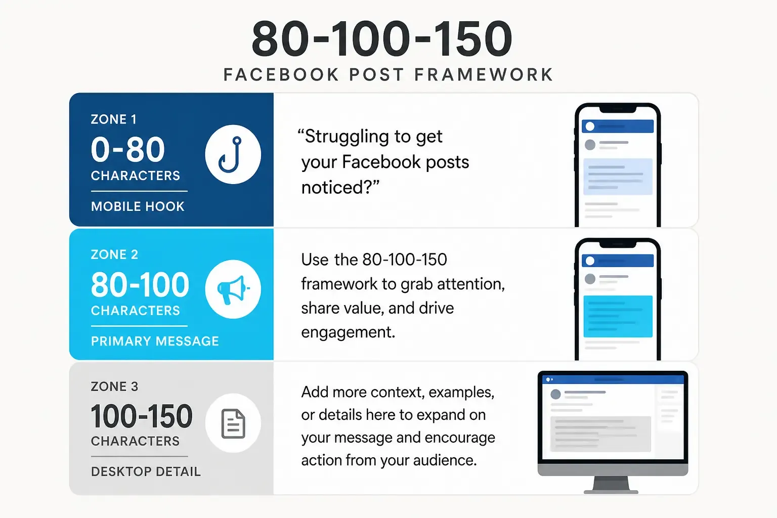 The 80-100-150 character framework for Facebook posts, showing mobile hook zone, primary message zone, and desktop detail zone