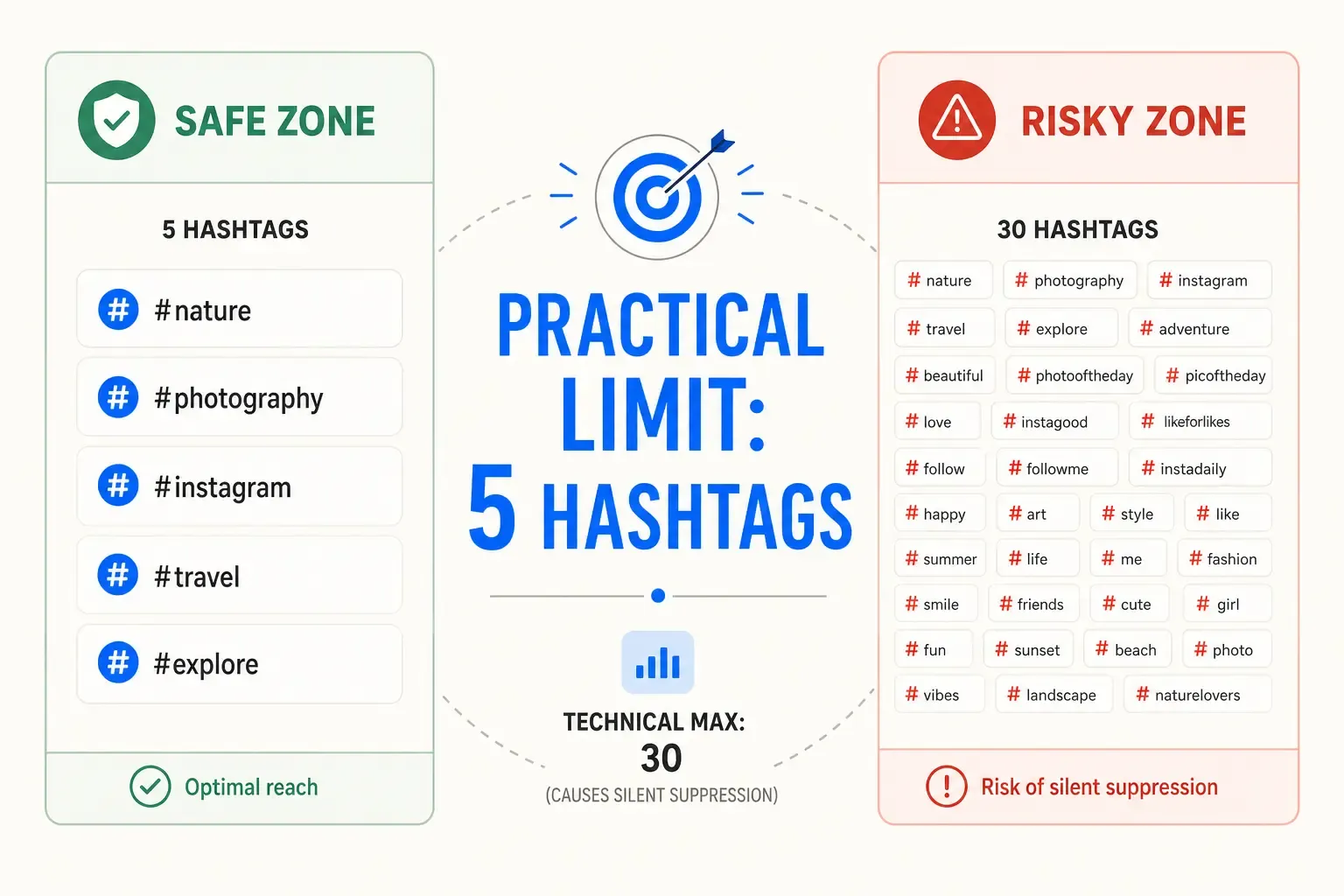 Instagram hashtag limits: 5 hashtags (safe) vs 30 hashtags (risky silent suppression)