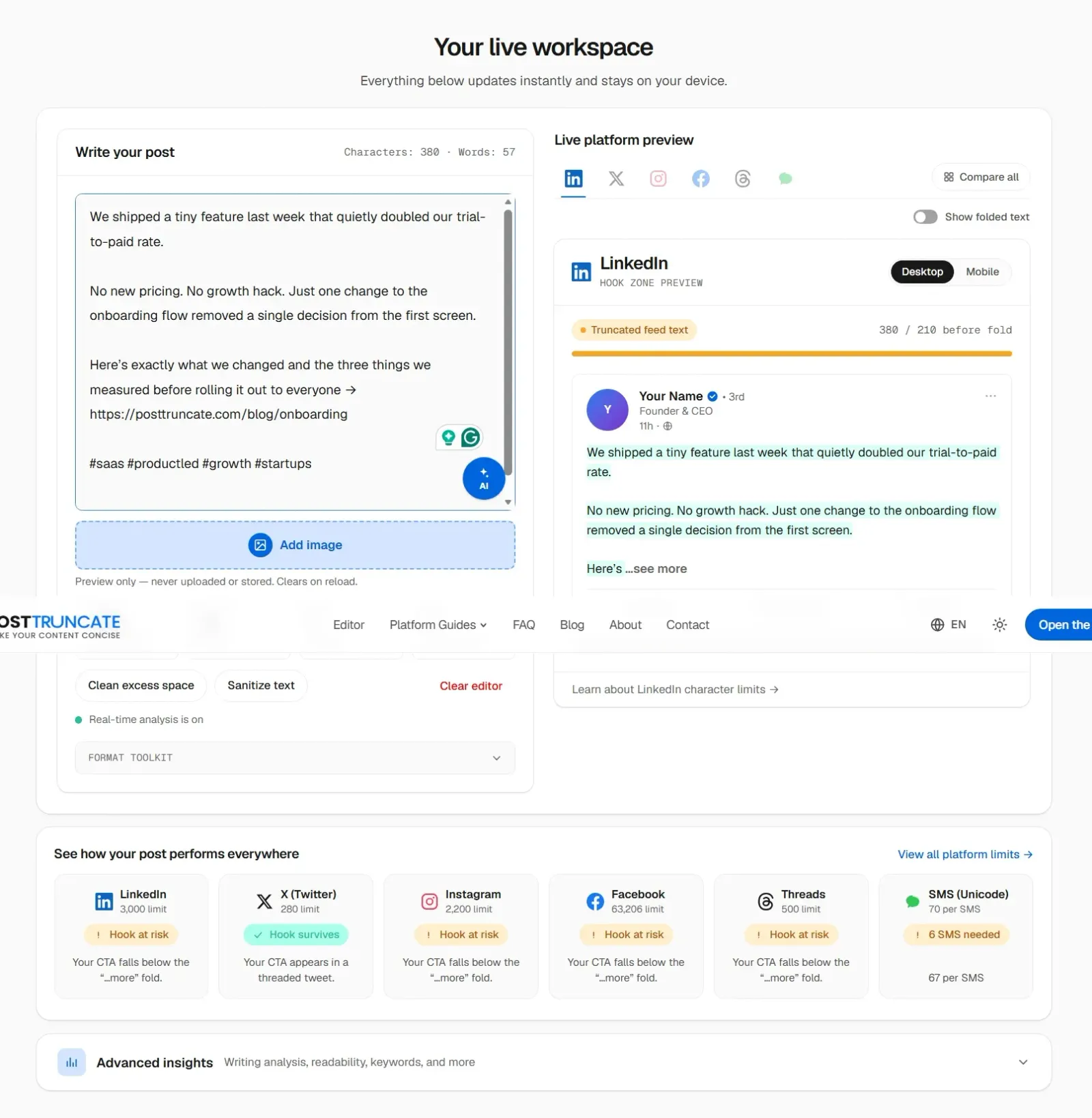 PostTruncate character counter showing real-time platform previews with fold line indicators for LinkedIn, X, Instagram, and other social platforms