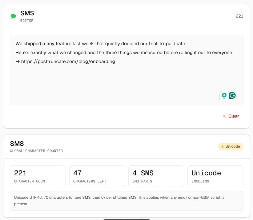 PostTruncate SMS character counter - free, browser-based encoding detection and segment calculator