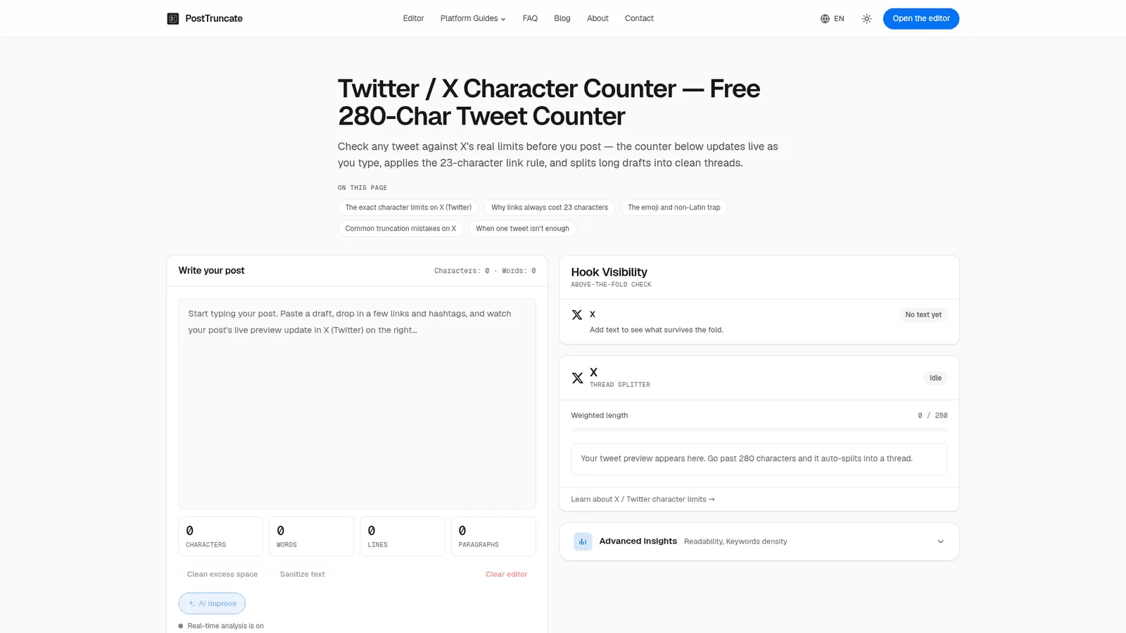 PostTruncate's Twitter character counter tool in action, as taken from PostTruncate