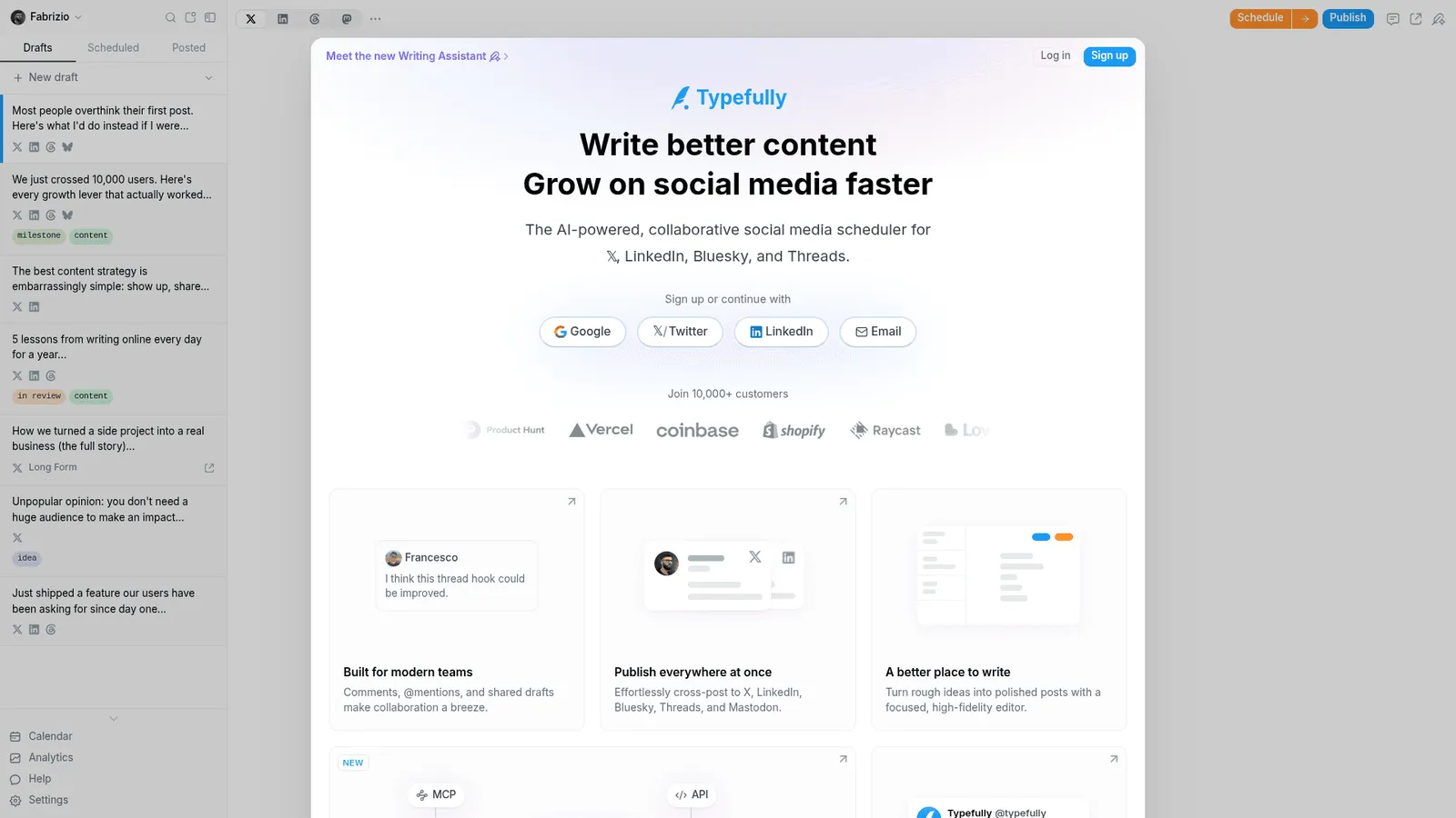 Typefully's writing and scheduling interface, as taken from Typefully