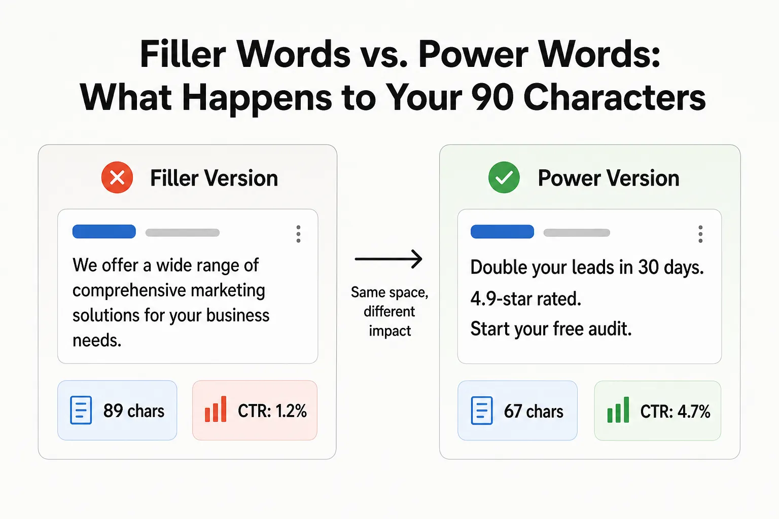 Comparison of a filler-heavy Google Ads description versus a power-word description showing the difference in character efficiency and simulated CTR