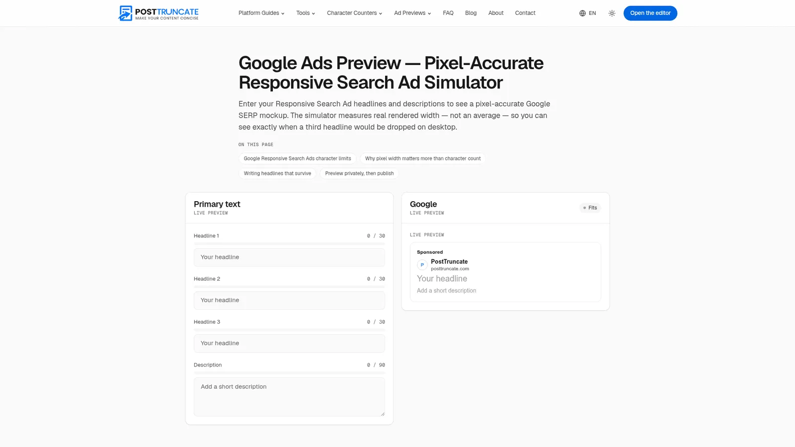 PostTruncate Google Ads character counter workspace showing real-time ad preview with 90-character limit