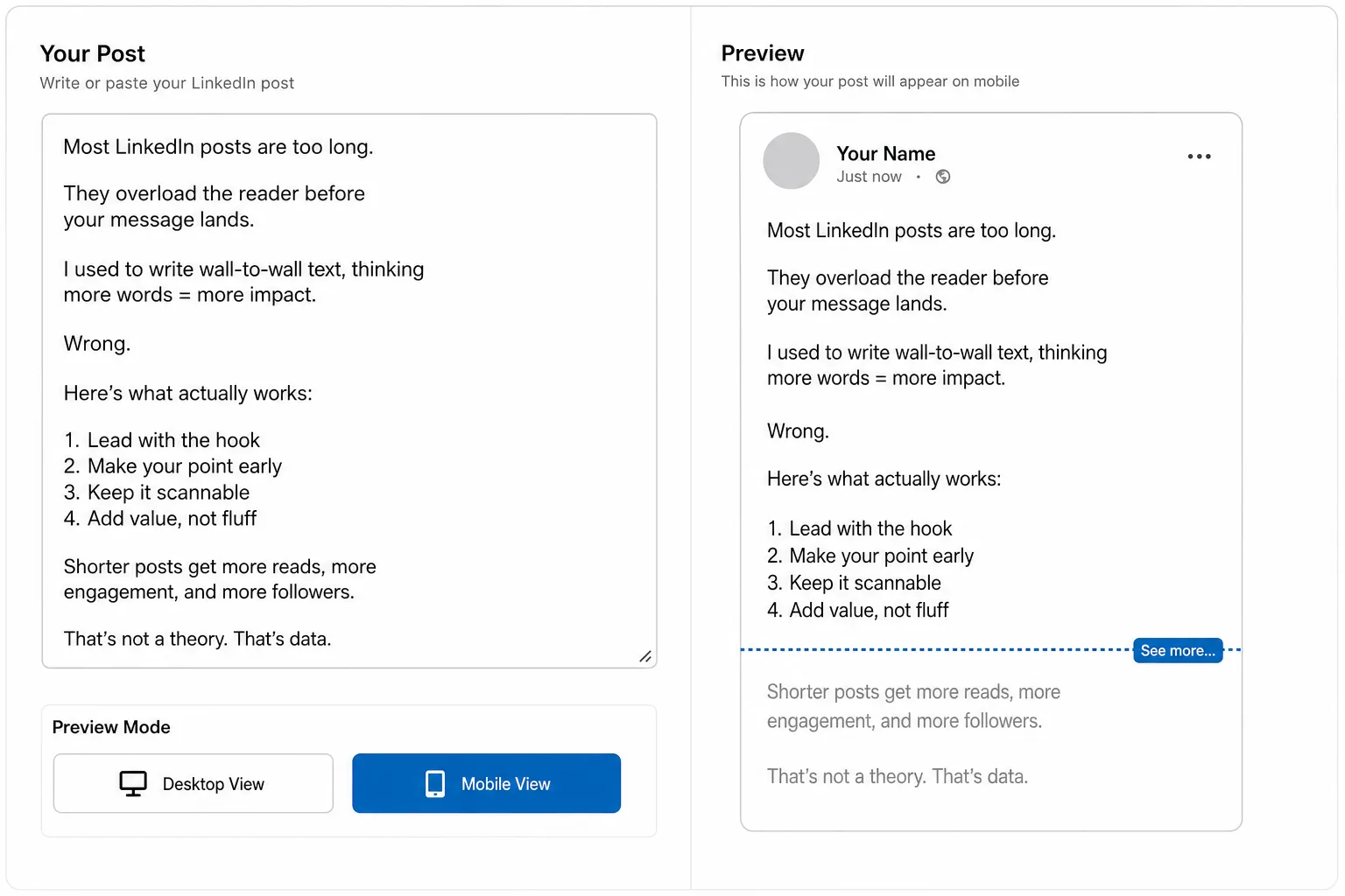 PostTruncate text editor interface showing Desktop View and Mobile View toggle buttons with a visible fold line indicating exactly where See more appears in the live preview, as taken from PostTruncate