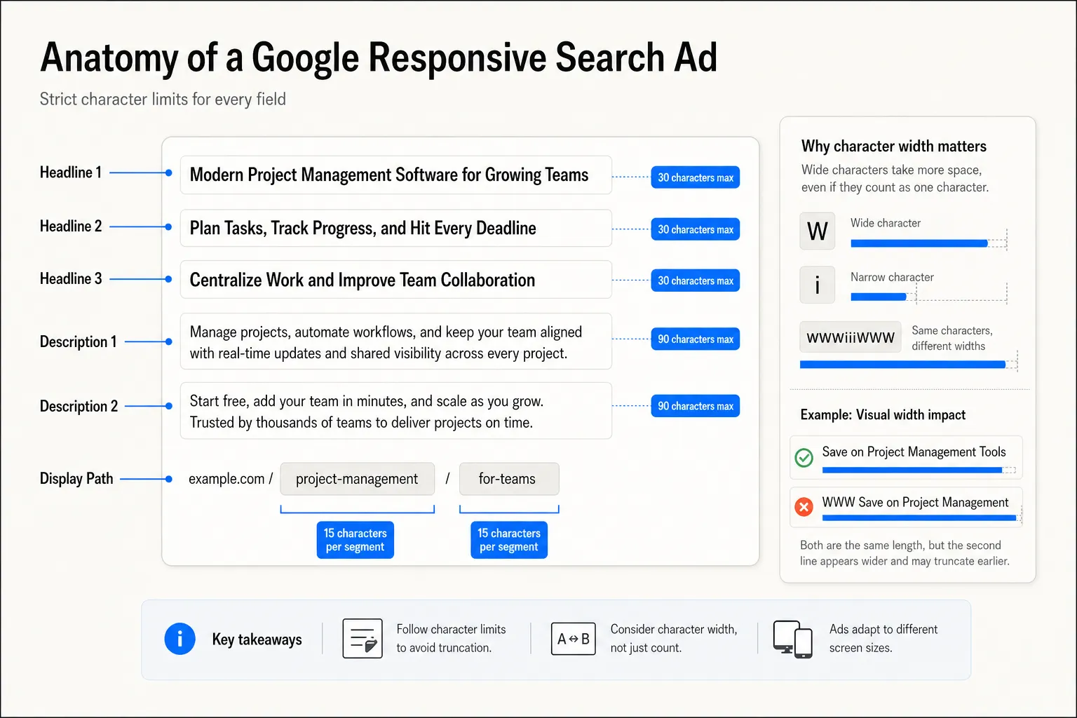 Anatomy of a Google Responsive Search Ad showing the 30-character limit on headlines, 90-character limit on descriptions, and 15-character limit on display paths, as taken from [Google Ads Preview Tool](/en/ad-previews/google-ads/)