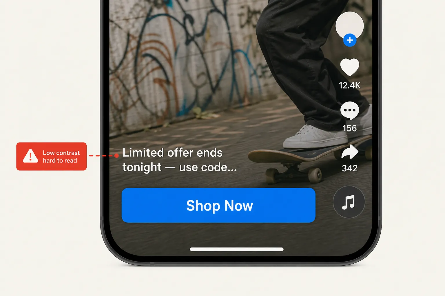 Close-up UI illustration showing white ad caption text rendered illegibly against a busy, light-colored video background in the bottom 30% of a TikTok in-feed ad