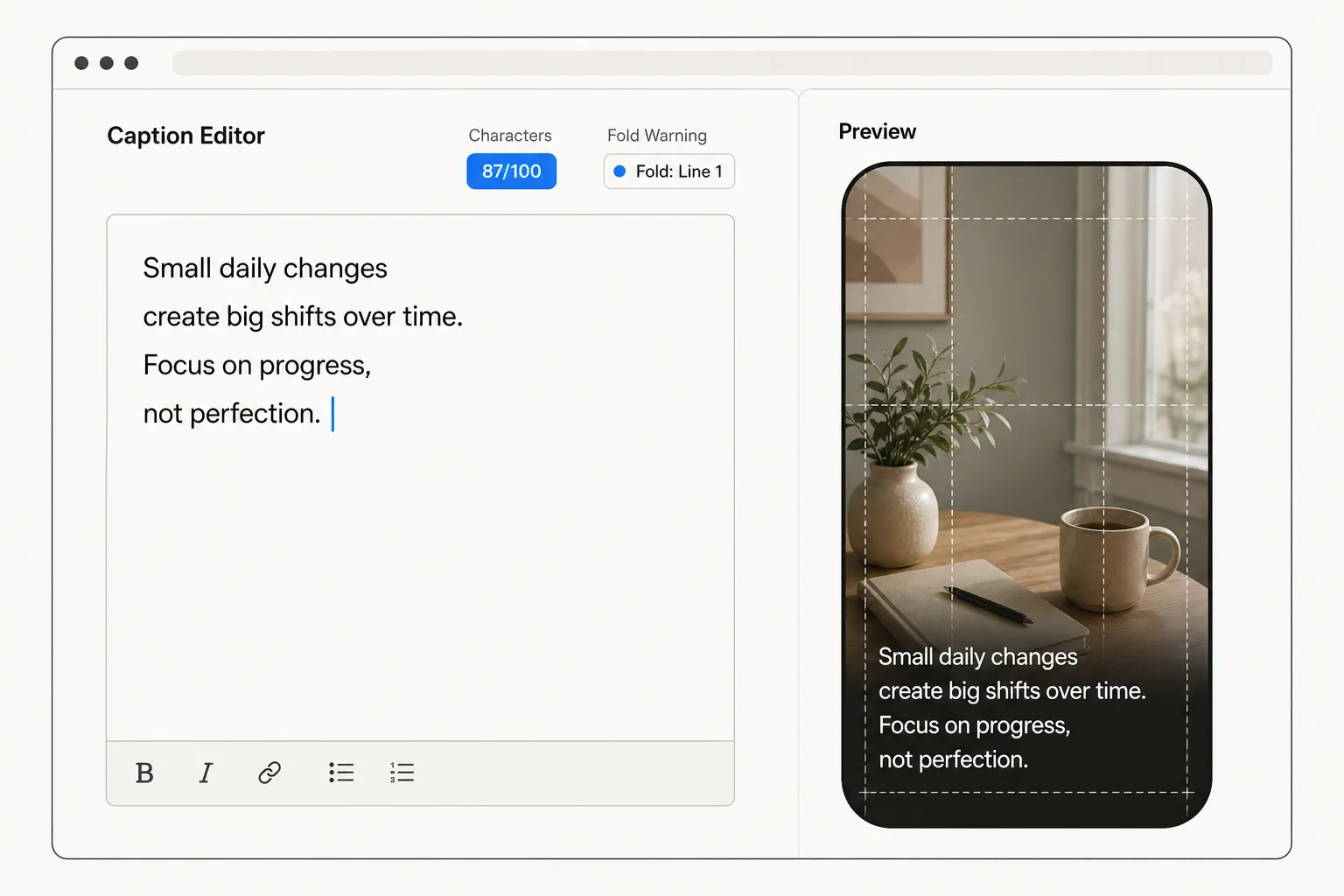 Interface of the PostTruncate TikTok caption preview tool showing a split-panel view with a text editor on the left and a live phone-screen preview on the right, simulating how captions appear over a carousel image