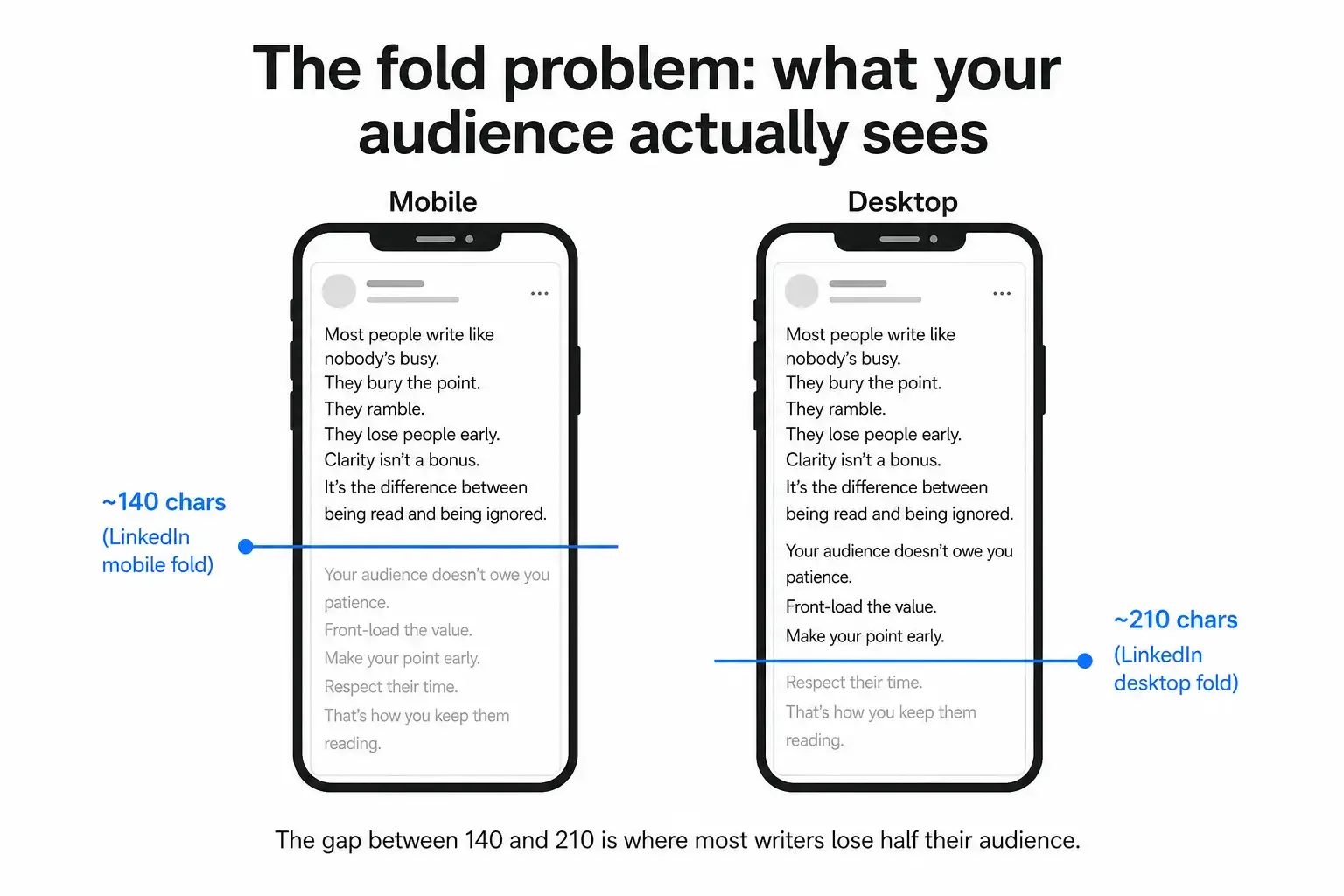 Diagram showing the LinkedIn mobile fold at ~140 characters vs desktop fold at ~210 characters, illustrating how most audience members see less than you think, as taken from PostTruncate