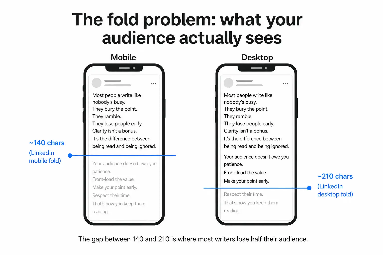 Diagram showing the LinkedIn mobile fold at ~140 characters vs desktop fold at ~210 characters, illustrating how most audience members see less than you think, as taken from PostTruncate